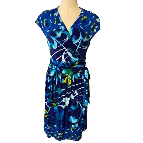 Jones New York Dress Blue Green Yellow 10 Stretch Wrap Floral Career Church - Picture 2 of 7